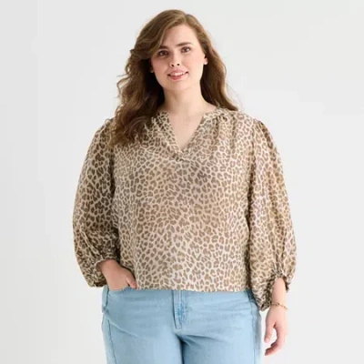 Ana Womens Plus Y Neck 3/4 Sleeve Blouse In Sand