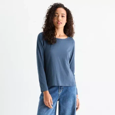 Ana Womens Round Neck Long Sleeve Adaptive T-shirt In Blue