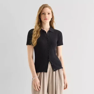 Ana Womens Short Sleeve Polo Sweater In Black