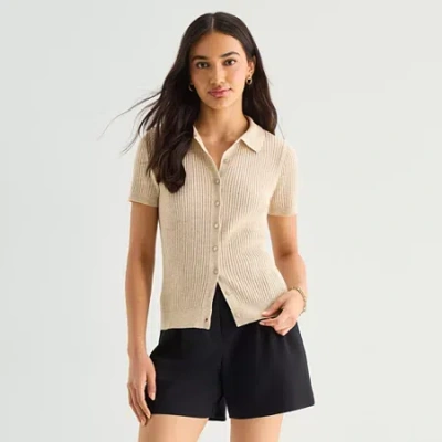 Ana Womens Short Sleeve Polo Sweater In Sand