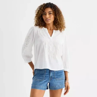 Ana Womens Split Crew Neck 3/4 Sleeve Embroidered Blouse In White