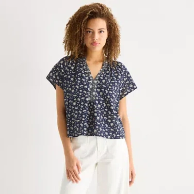 Ana Womens Split Crew Neck Short Sleeve Blouse In Blue
