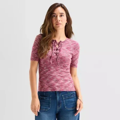 Ana Womens Split Tie Neck Short Sleeve T-shirt In Pink