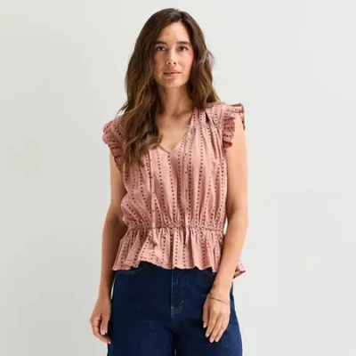 Ana Womens Split Tie Neck Sleeveless Peplum Top In Pink