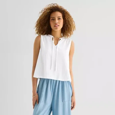 Ana Womens Split Tie Neck Sleeveless Tank Top In White