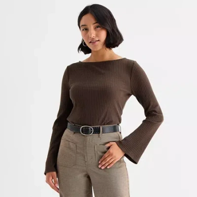 Ana Womens Tall Boat Neck Long Sleeve T-shirt In Brown