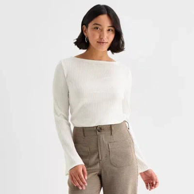 Ana Womens Tall Boat Neck Long Sleeve T-shirt In White