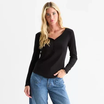 Ana Womens Tall Long Sleeve Regular Fit Henley Shirt In Black