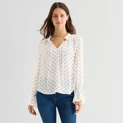 Ana Womens Tall Split Tie Neck Long Sleeve Blouse In White