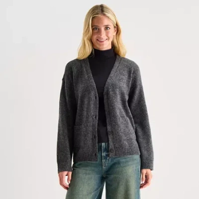 Ana Womens V Neck Long Sleeve Button Cardigan In Gray