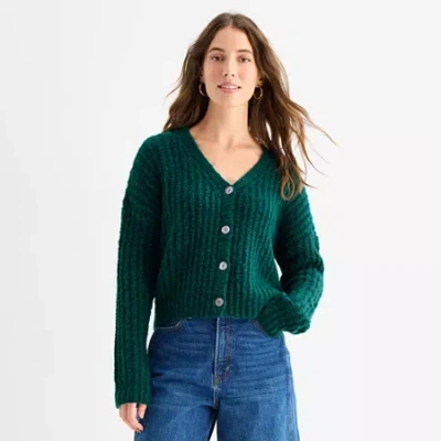 Ana Womens V Neck Long Sleeve Button Cardigan In Green