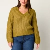 Ana Womens V Neck Long Sleeve Pullover Sweater In Green