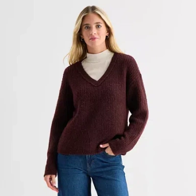 Ana Womens V Neck Long Sleeve Pullover Sweater In Red