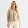 Ana Womens V Neck Long Sleeve Pullover Sweater In Sand