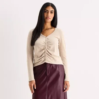 Ana Womens V Neck Long Sleeve T-shirt In Sand