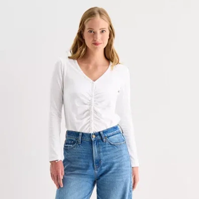 Ana Womens V Neck Long Sleeve T-shirt In White