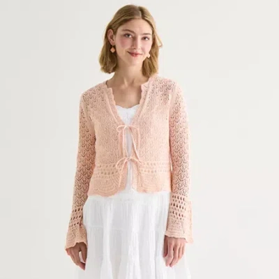 Ana Womens V Neck Long Sleeve Tie Cardigan In Pink