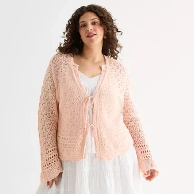 Ana Womens V Neck Long Sleeve Tie Plus Cardigan In Pink