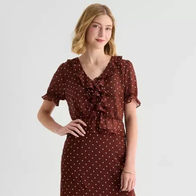 Ana Womens V Neck Short Sleeve Blouse In Brown