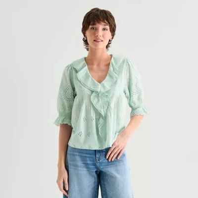 Ana Womens V Neck Short Sleeve Blouse In Green