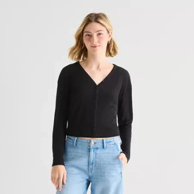 Ana Womens V Neck Short Sleeve Button Cardigan In Black