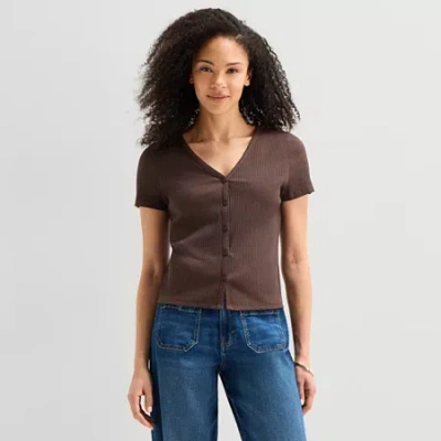 Ana Womens V Neck Short Sleeve Button Cardigan In Brown
