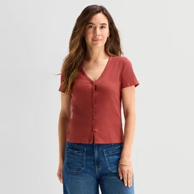 Ana Womens V Neck Short Sleeve Button Cardigan In Red
