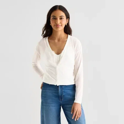 Ana Womens V Neck Short Sleeve Button Cardigan In White