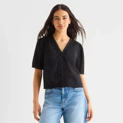 Ana Womens V Neck Short Sleeve Lace Blouse In Black