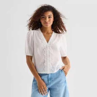 Ana Womens V Neck Short Sleeve Lace Blouse In White