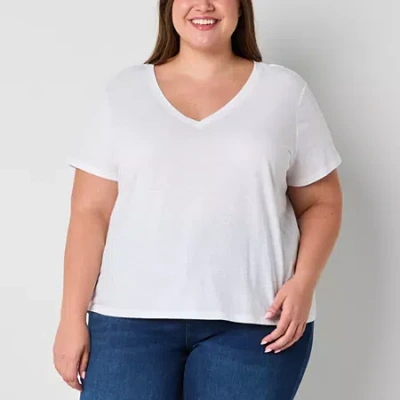 Ana Womens V Neck Short Sleeve Plus T-shirt In White