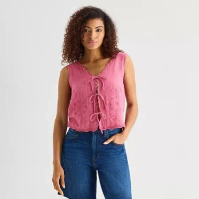 Ana Womens V Neck Sleeveless Embroidered Vest In Pink