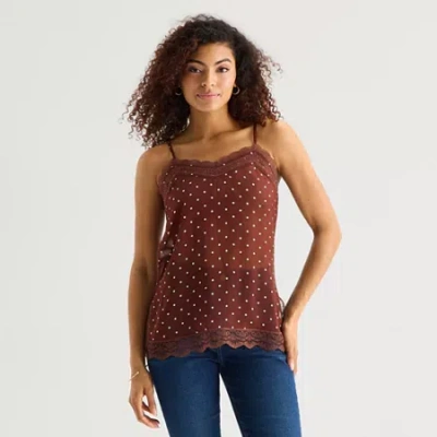 Ana Womens V Neck Sleeveless Lace Trim Camisole In Brown