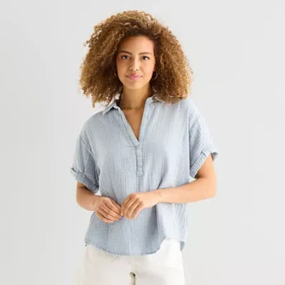 Ana Womens Y Neck Short Sleeve Blouse In Blue