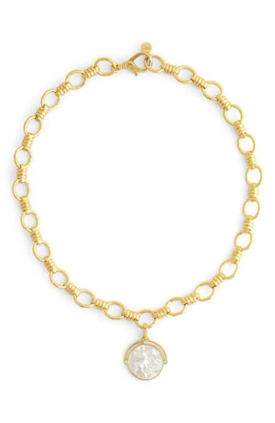 Anabel Aram Jewelry Pegasus Mother Of Pearl Coin Pendant Necklace In Gold