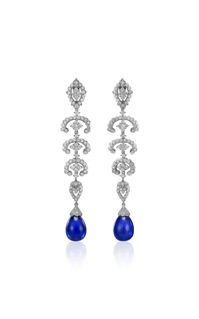 Anabela Chan 18k White Gold And Rhodium Vermeil Royal Blue Scallop Lace Earrings In Blue