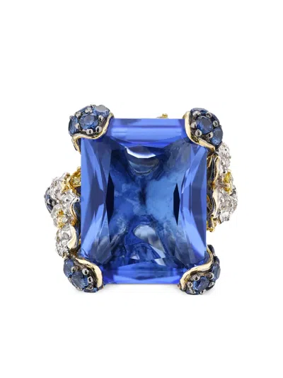 Anabela Chan 18k Yellow Gold Plated Sterling Silver English Garden Simulated Blue Sapphire & Simulated Diamond Ci In Blue/gold