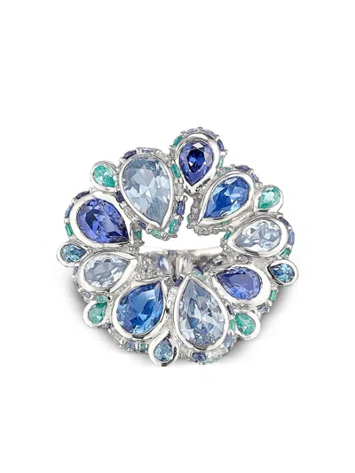 Anabela Chan 18kt White Gold Aqua Pavé Panettone Tourmaline, Sapphire And Diamond Ring In Metallic