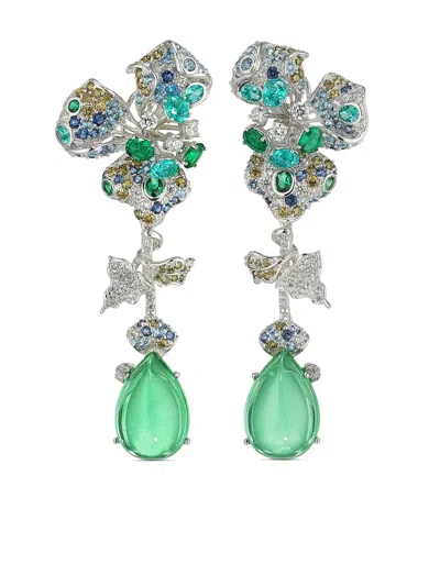 Anabela Chan 18kt White Gold Orchid Multi-stone Earrings In Green