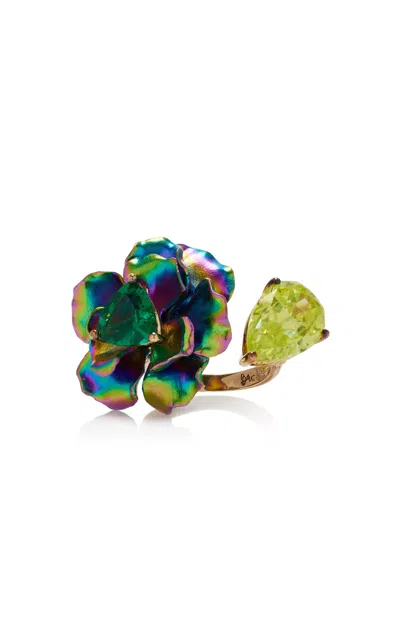 Anabela Chan Acid Rainbow Bloom 18k Gold Vermeil; Aluminum Emerald; Quartz Ring In Green
