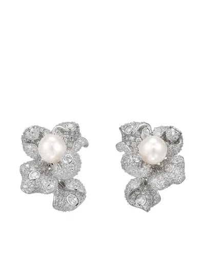 Anabela Chan 18k White Gold Blossom Pearl And Diamond Earrings In Silver