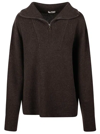 Anaii Dark Brown Knit Sweater With Half-zip And Ribbed Details
