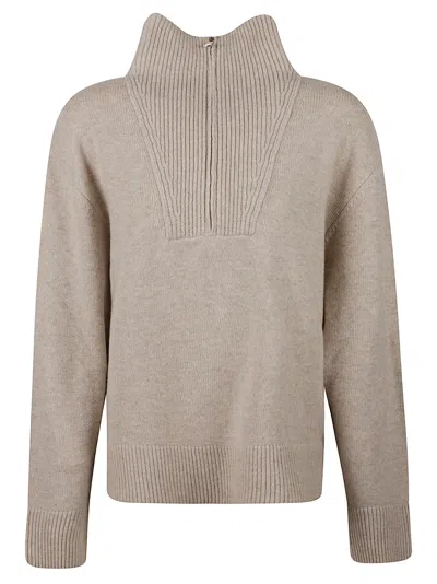 Anaii High Ribbed Collar Knit Sweater With Vertical Slit Detail In Beige