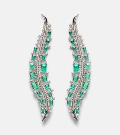 Ananya Scatter 18kt White Gold Earrings With Diamonds And Emeralds In Silver