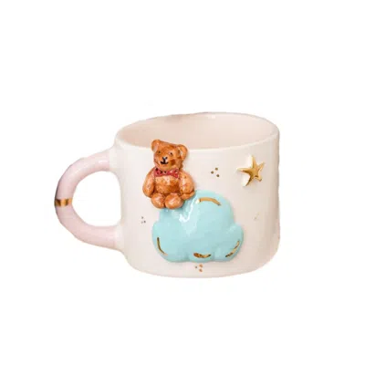 Anatoliacraft Brown / Blue Teddy Bear Dreamland Mug Bear & Cloud Design – Adorable Handcrafted Ceramic Mug For Coz