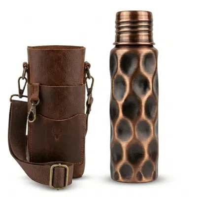 Anatoliacraft Brown Hammered Copper Water Bottle & Genuine Leather Carrying Bag Set - Bronze