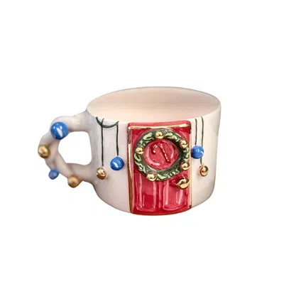 Anatoliacraft Handcrafted Christmas Red Door Ceramic Mug With Holiday Accents In Multi
