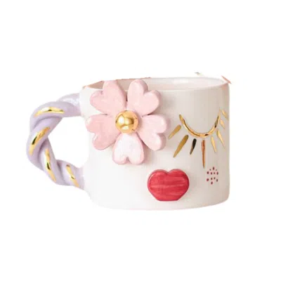 Anatoliacraft Pink / Purple / White Lovers' Kiss Mug Floral Heart & Gold Details