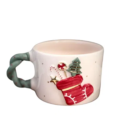Anatoliacraft Red Handcrafted Christmas Stocking Ceramic Mug With Gold Detailing & Festive Charm In White