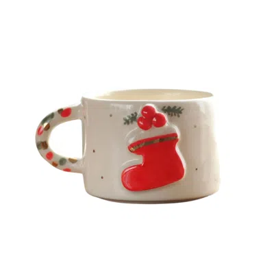 Anatoliacraft Red Handmade Christmas Stocking Mug With Golden Handle - Festive Holiday Mug Collection In Neutral